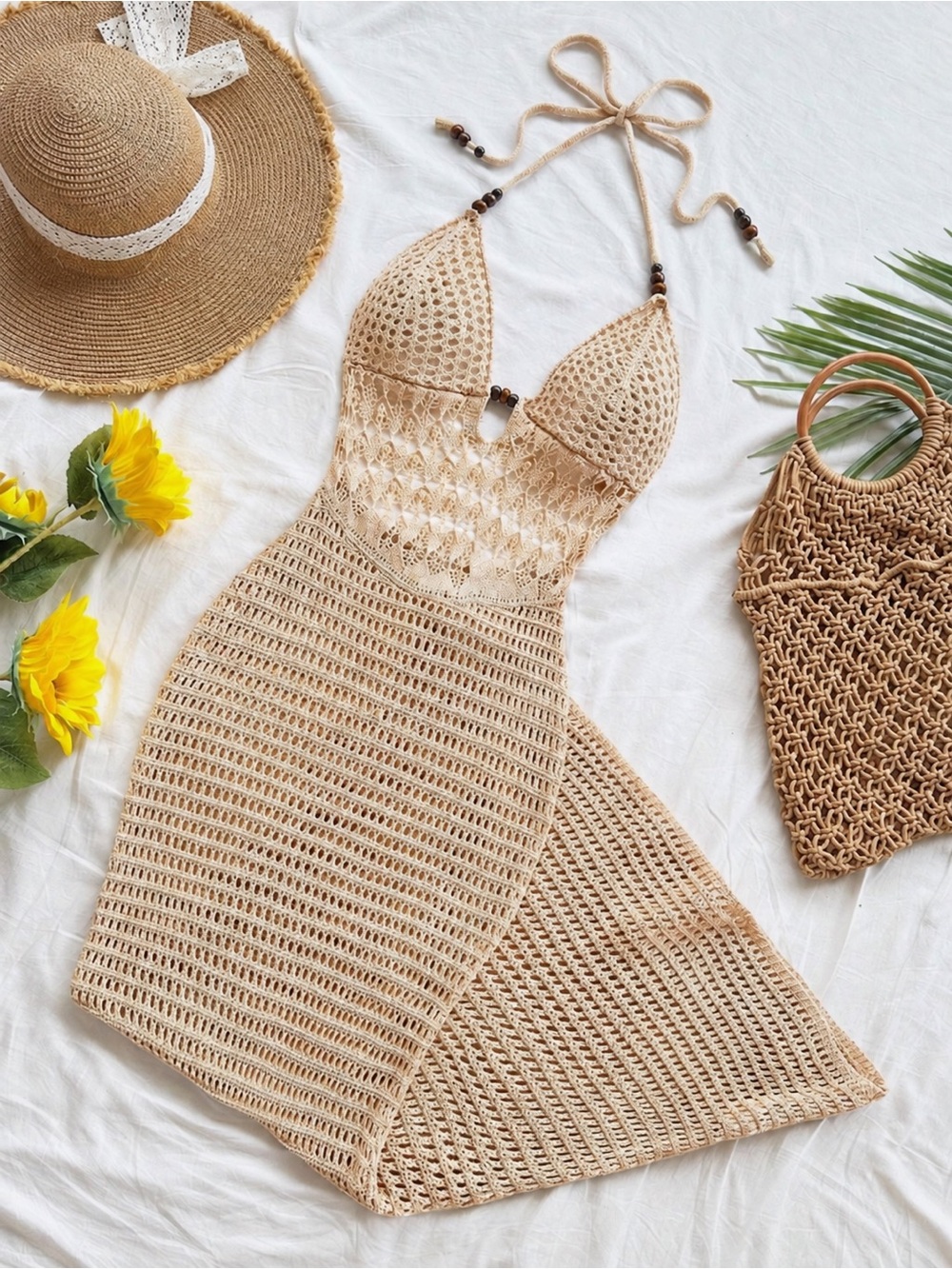 Soleia Women’s Vacation Casual Boho Backless Halter Knit Dress Crochet Maxi